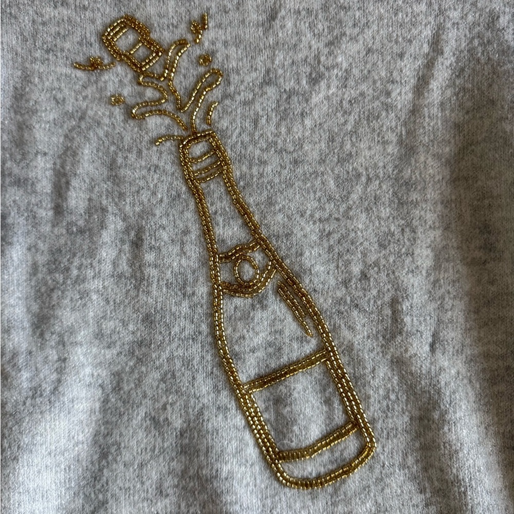 CeCe Champagne Bottle Beaded Sweater Gray Crewneck Party Holiday Size Small - Picture 4 of 7
